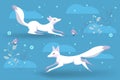 Cute White Foxes Play on Clearing in Winter, Red berries and Birds. Snowflakes and mounds. Vector illustration great for