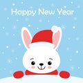 Cute rabbit card. Santa Claus hat on bunny vector illustration. New Year square banner with smiling bunny. Winter holiday package