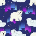 Cute white furry polar bears seamless pattern on arctic night background with aurora polaris, cartoon wild animals, editable Royalty Free Stock Photo