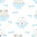 Cute white furry polar bears seamless pattern on white background with stars, cartoon wild animals, editable vector illustration Royalty Free Stock Photo