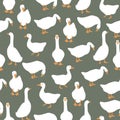 Cute white geese seamless pattern on green background. Vector goose illustration. Royalty Free Stock Photo