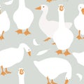 Cute white geese seamless pattern. Vector goose illustration background. Royalty Free Stock Photo