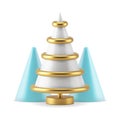 Cute white golden stripes Christmas tree on stack blue cone geometric decor realistic 3d icon vector Royalty Free Stock Photo