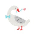 Cute White Goose Holding Flower in Its Beak Vector Illustration, Bird Cartoon Character Wearing Bow Tie Vector