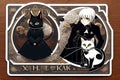 Cute white hair girl plays with black cat, gothic steampunk halloween sticker