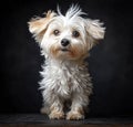 Cute white Havanese puppy is sitting and looking at the camera with head tilt Royalty Free Stock Photo