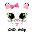 Cute white kitten with pink bow. Girlish print with kitty for t-shirt Royalty Free Stock Photo