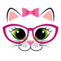 Cute white kitten with pink bow and glasses. Girlish print with kitty for t-shirt