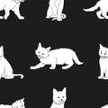 Cute white kittens black thin lines silhouettes on black background seamless pattern, cartoon drawing adorable pets, editable