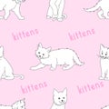 Cute white kittens black thin lines silhouettes on pink background seamless pattern, cartoon drawing adorable pets, editable