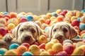 Cute white Labrador puppies sitting in colorful little balls and pose looking at camera