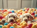 Cute white Labrador puppies sitting in colorful little balls and pose looking at camera