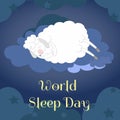 A cute white lamb slumbers at night on the clouds in the blue sky. Royalty Free Stock Photo