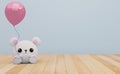 Cute White Little Teddy Bear On Blue Background and Pink Balloon , Lovely Toy for Kid with copy space 3D Illustration Royalty Free Stock Photo