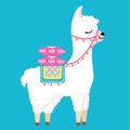 Cute white llama with colorful pillows on the back