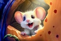 A cute white mouse looks happy out of a cheese hole. Cute mouse in delicious cheese. Adorable white mouse Royalty Free Stock Photo