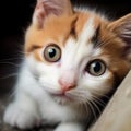 Cute white and orange kitten looks up at the camera with large, inquisitive eyes. AI-generated. Royalty Free Stock Photo