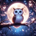 A cute white owl perched on a branch, in the night with full moon in background, glowing, butterflies, anime art, wallpaper