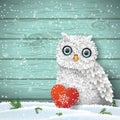 Cute white owl sitting in snow in front of blue wooden wall, winter holiday theme, illustration Royalty Free Stock Photo