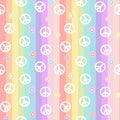 Cute white peace symbol with daisy flowers on rainbow colorful stripes seamless pattern background illustration