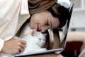 Cute white Persian cat sitting on laptop keyboard, owner woman working on computer with her happy fluffy comfortably pet, girl Royalty Free Stock Photo