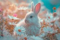Cute white and pink Easter bunny daisy-filled background. Front view with copy space. Ai generated Royalty Free Stock Photo