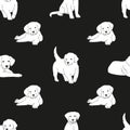 Cute white puppies black thin lines silhouettes on black background seamless pattern, cartoon drawing adorable pets, editable
