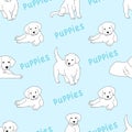 Cute white puppies black thin lines silhouettes on blue background seamless pattern, cartoon drawing adorable pets, editable