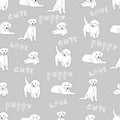 Cute white puppies black thin lines silhouettes on gray background seamless pattern, cartoon drawing adorable pets, editable