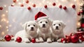 Cute white puppies wearing Santa Claus red hat. Generative AI