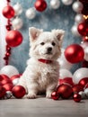 Cute white puppy around Merry Christmas and Happy New Year decoration around. Generative AI