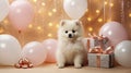 Cute white puppy and gift boxes tied with satin ribbon with bows, many balloons, on festive pink background with bokeh