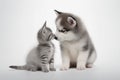 A cute white puppy kissing a cute tabby black kitten on white background. Royalty Free Stock Photo