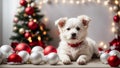 Cute white puppy near the Christmas tree. Generative AI