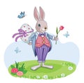 Cute white rabbit or bunny with Easter egg. Romantic gift. Isolated cartoon illustration, suitable for print or sticker. Royalty Free Stock Photo