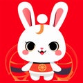 Cute white rabbit in chinese new year costume on red background AI Generated