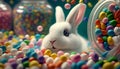 Cute white rabbit with colorful candies, ai