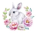 Cute white rabbit, Easter bunny in a floral frame, ring isolated on a white background. Peonies, roses. Easter set, postcard Royalty Free Stock Photo