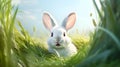 Cute white rabbit in green grass on blue sky background. Easter concept Royalty Free Stock Photo