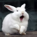 Cute white rabbit laughs, rabbit yawns, funny photo with animal