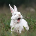 Cute white rabbit laughs, rabbit yawns, funny photo with animal