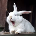 Cute white rabbit laughs, rabbit yawns, funny photo with animal