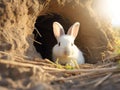 Ai Generated illustration Wildlife Concept of Cute White Rabbit leaving burrow Royalty Free Stock Photo