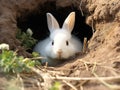 Ai Generated illustration Wildlife Concept of Cute White Rabbit leaving burrow Royalty Free Stock Photo