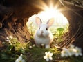 Ai Generated illustration Wildlife Concept of Cute White Rabbit leaving burrow Royalty Free Stock Photo