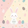 Cute white rabbit with pastel colorful Easter eggs on a pastel pink and yellow background. Cartoon style. Generated AI