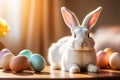 Cute white rabbit is peacefully sitting on on a Wooden Table During Daytime colorful Easter eggs Royalty Free Stock Photo