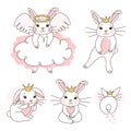 Cute white rabbit princess with golden crown, pink belly. Little girl dance, sit, first steps, scared, shy, do yoga. Royalty Free Stock Photo