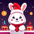 Cute white rabbit in Santa Claus hat on the background of the city. Vector illustration Generative AI Royalty Free Stock Photo