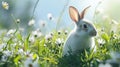 A cute white rabbit sits on green grass, among flowers in a meadow. Rural spring landscape on a farm. Happy Easter